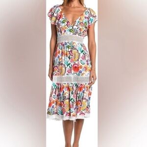 Sunshine 79 Bonita Floral Fringed midi dress women's S tropical maximalism beach